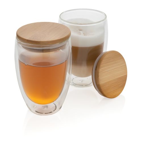 Double wall borosilicate glass with bamboo lid 350ml 2pc set