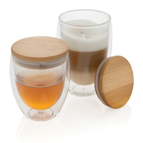 Double wall borosilicate glass with bamboo lid 350ml 2pc set