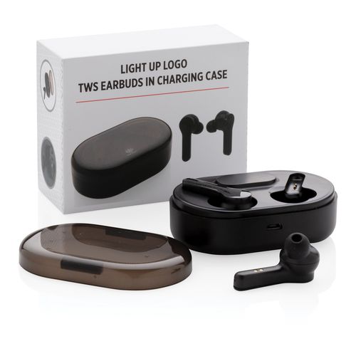 Light up logo TWS earbuds in charging case