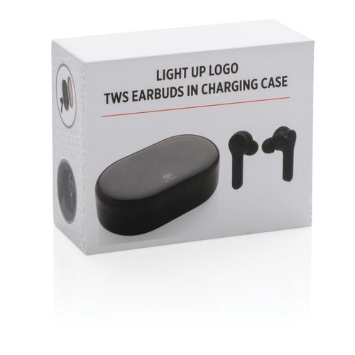 Light up logo TWS earbuds in charging case