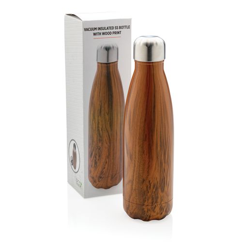 Vacuum insulated stainless steel bottle with wood print