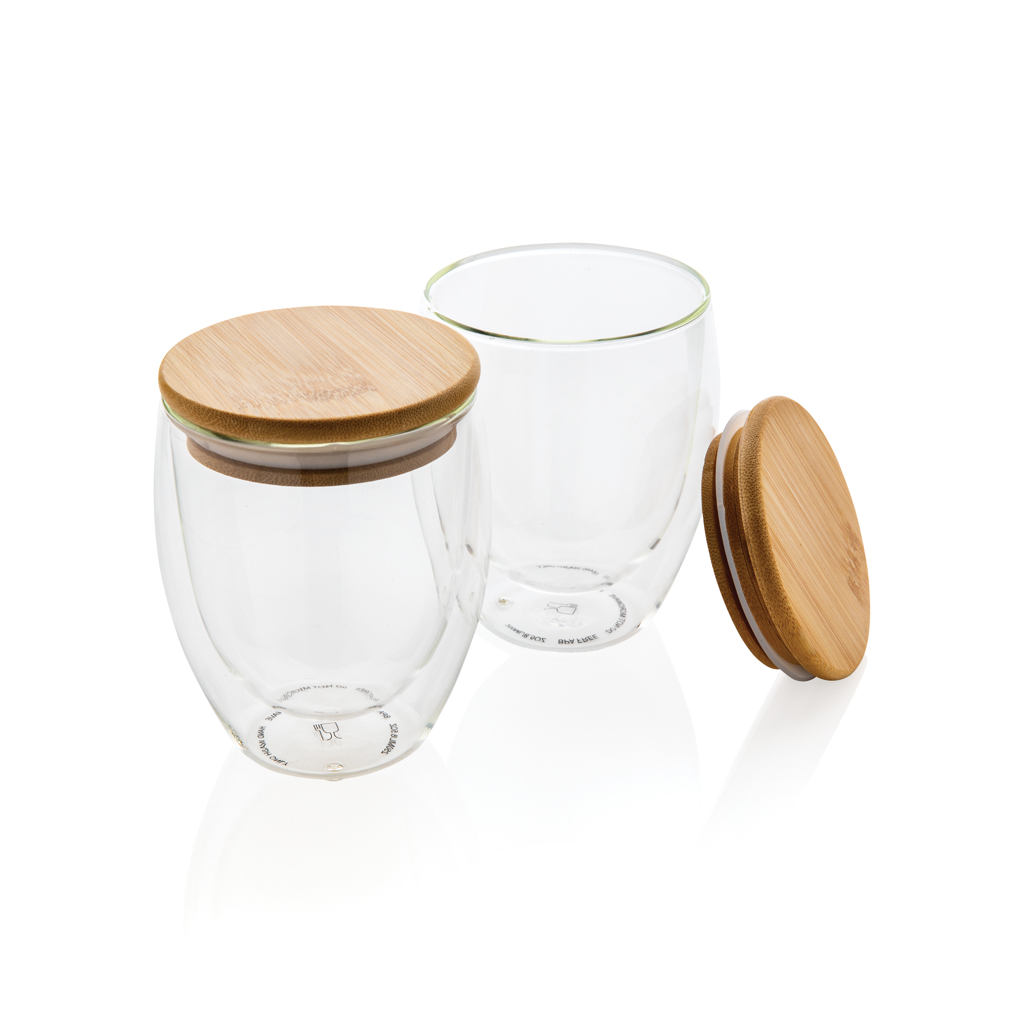 Dubbelwandig borosilicaatglas met bamboe deksel 250ml set