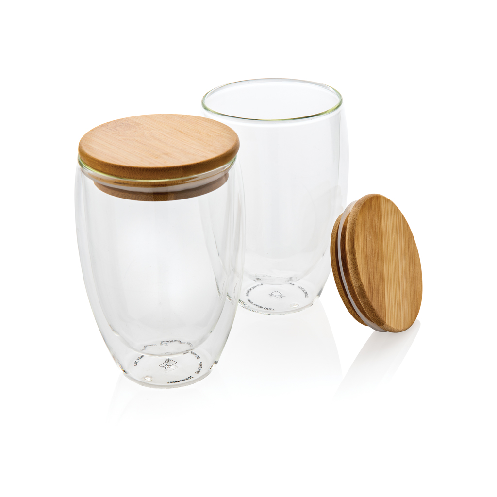 Dubbelwandig borosilicaatglas met bamboe deksel 350ml set