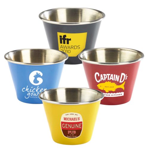 2,5oz roestvrijstalen ramekin (blauw, rood, geel en zwart)